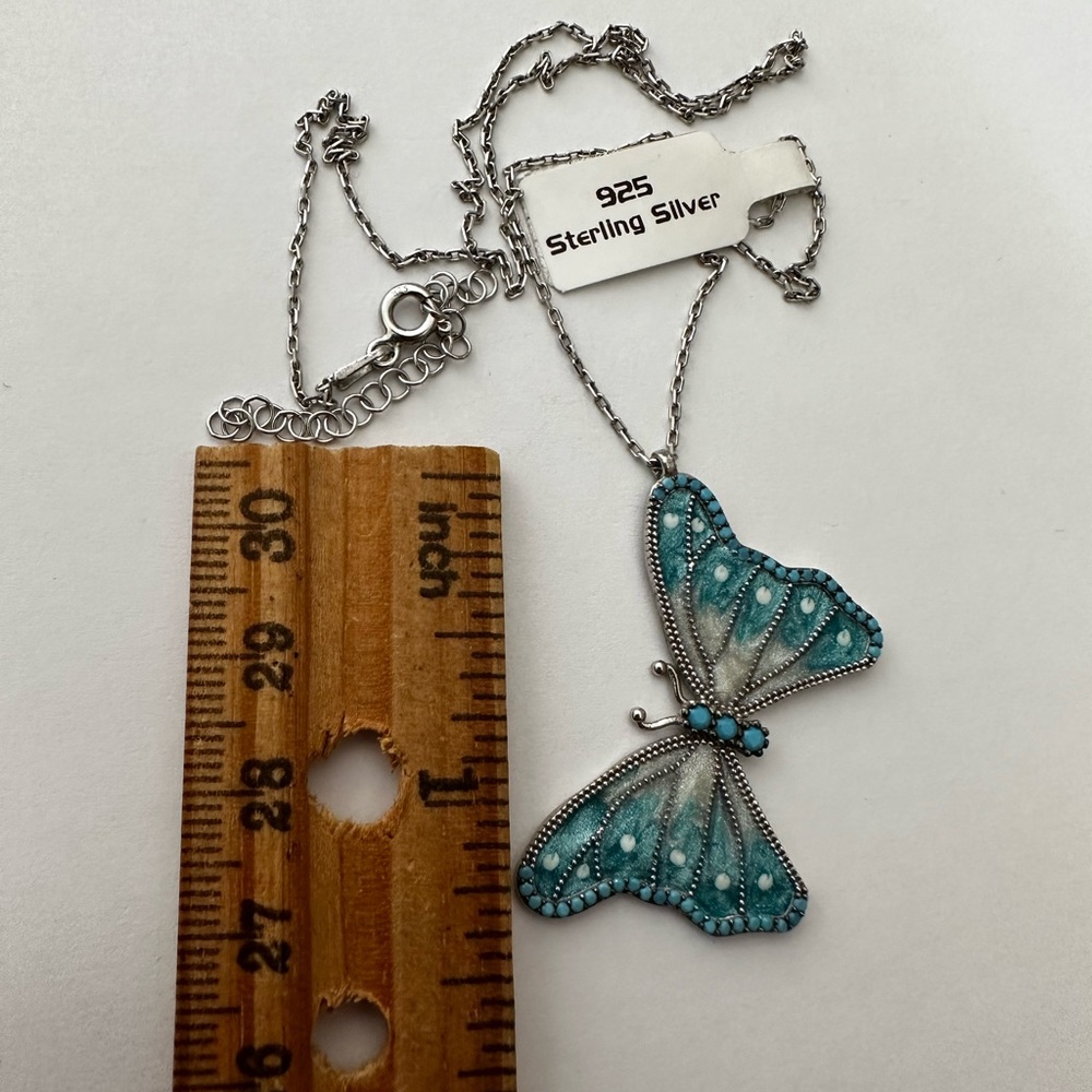 🦋925 Silver butterfly turquoise stones and enamel necklace handmade